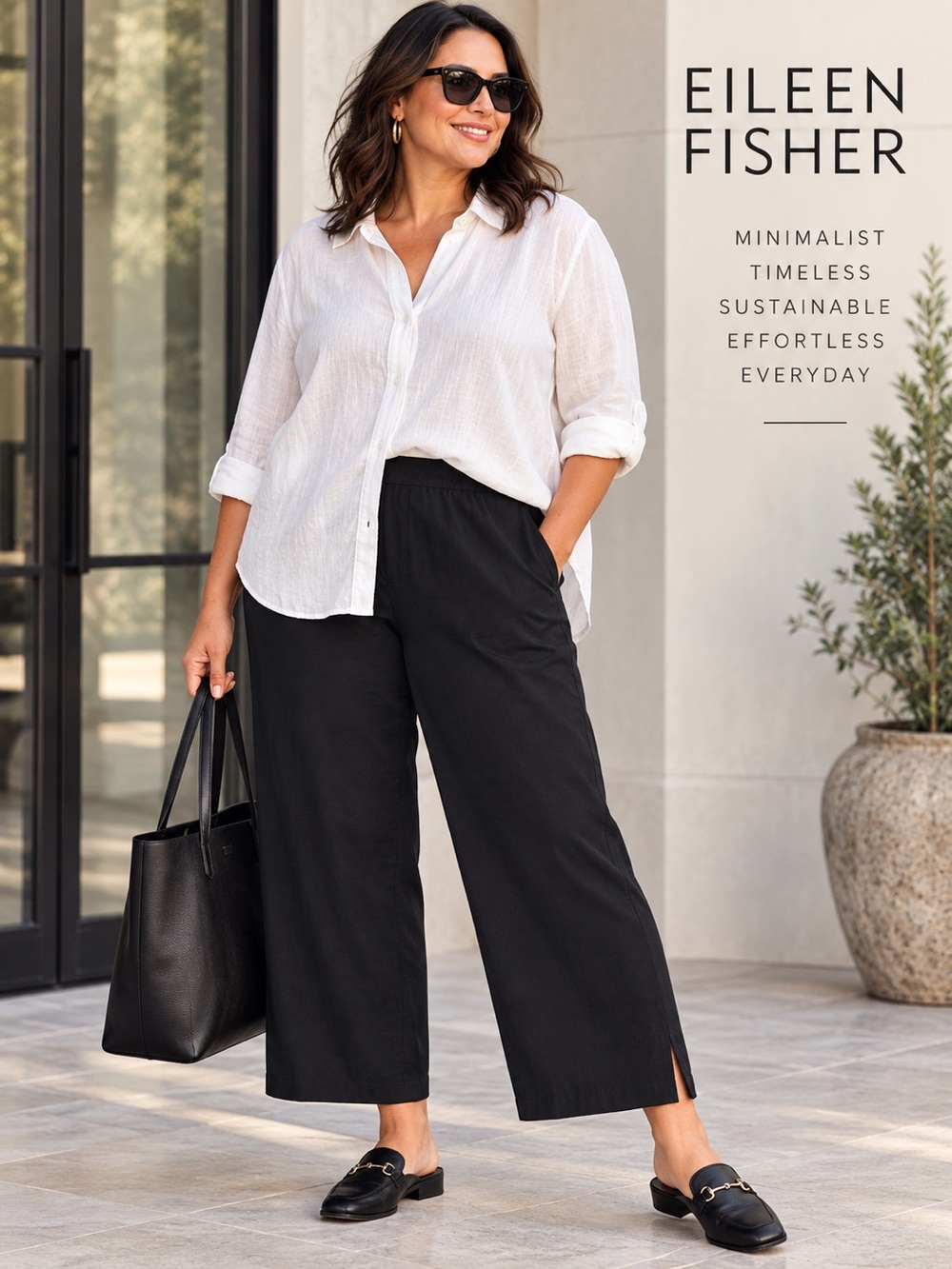 Eileen Fisher Black Wide Leg Crop Pants 1X Plus Elastic Waist Side Zip Minimalis